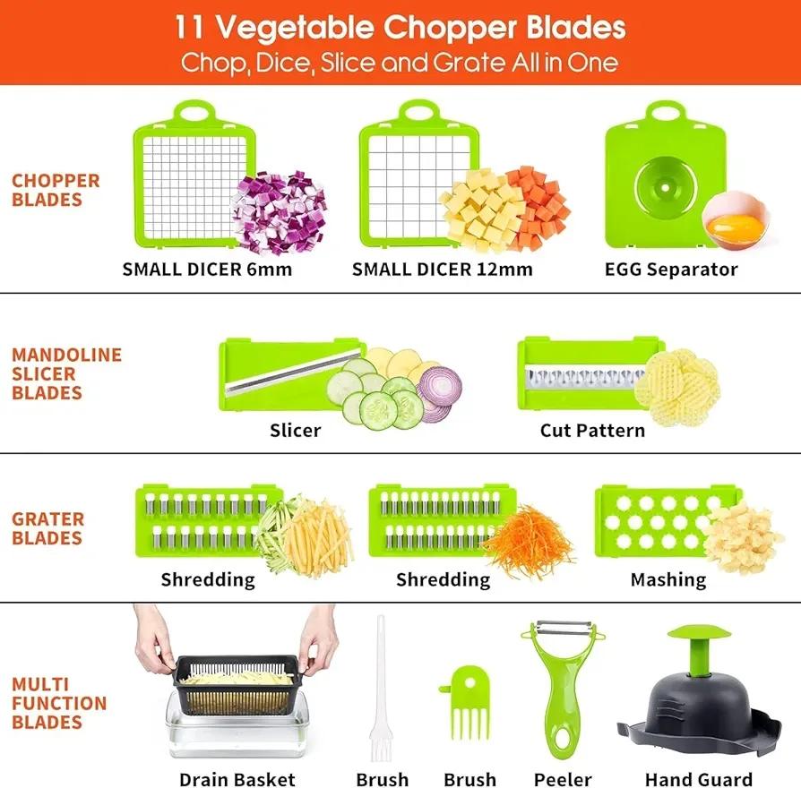 Set of vegetable chopper blades with various functions and uses on a white background.