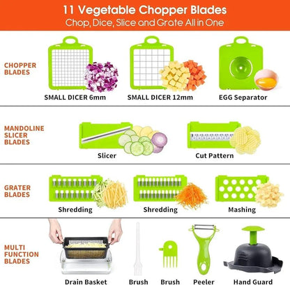 Set of vegetable chopper blades with various functions and uses on a white background.