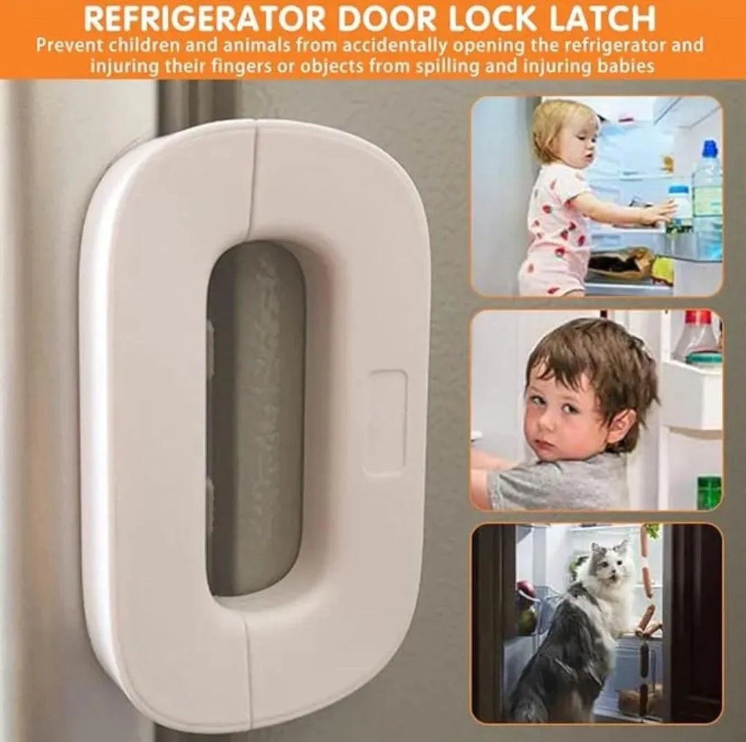Refrigerator door lock latch with safety benefits for children and pets.