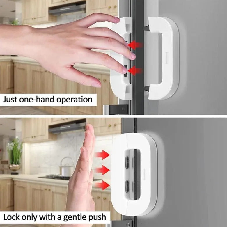 Hand using a kitchen cabinet lock with text indicating one-hand operation and gentle push requirement.