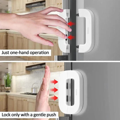 Hand using a kitchen cabinet lock with text indicating one-hand operation and gentle push requirement.