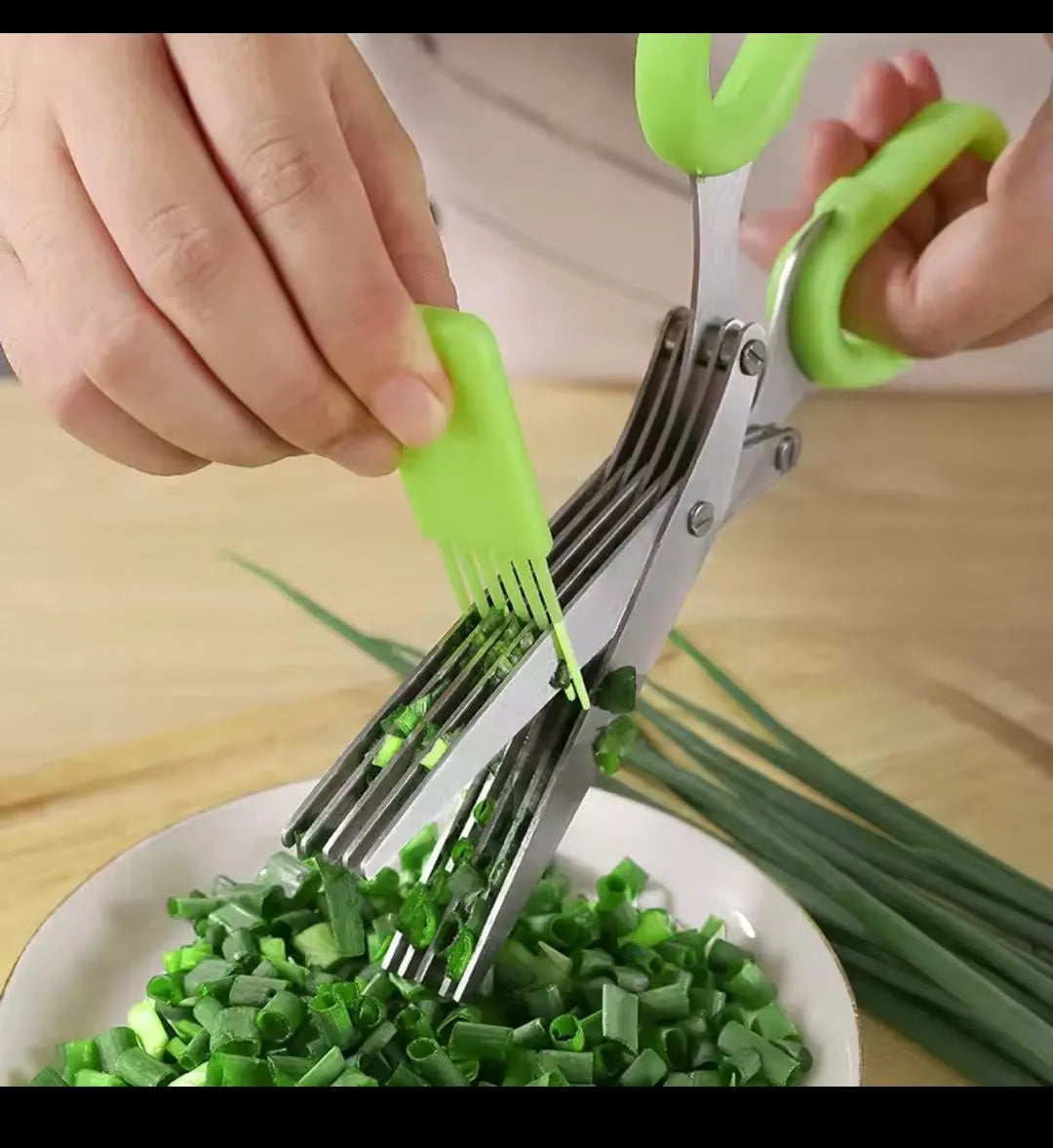 5-Layer Stainless Steel Kitchen Herb Scissors – Multi-Blade Green Onion, Scallion & Vegetable Cutting Shears