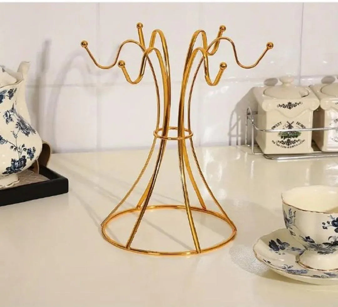 Metal Coffee & Tea Cup Rack – 6-Hook Golden Mug Holder