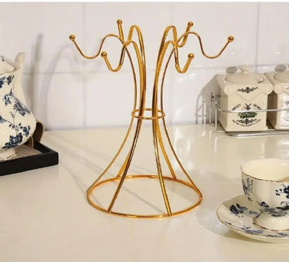 Metal Coffee & Tea Cup Rack – 6-Hook Golden Mug Holder