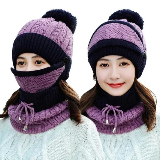 3 Pcs Women’s Wool Winter Set – Beanie, Neck Warmer & Windproof Face Mask | Soft, Warm & Anti-Dust Cold Weather Gear