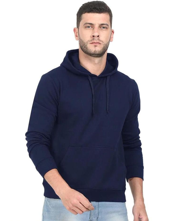 Man wearing a navy blue hoodie on a white background