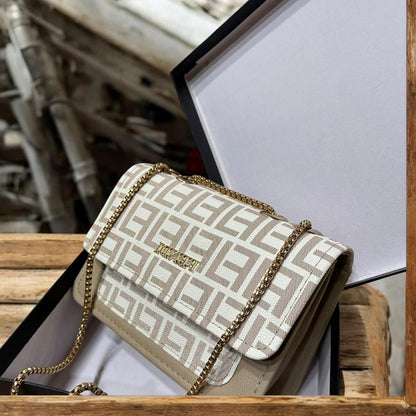 Women’s Printed Leather Crossbody Bag with Chain – Brown & Black