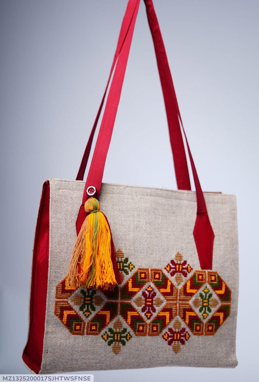 Handcrafted Beige & Red Embroidered Jute Shoulder Bag – Limited Edition