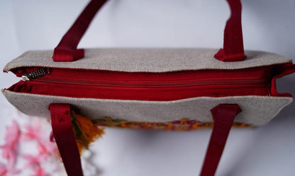 Handcrafted Beige & Red Embroidered Jute Shoulder Bag – Limited Edition