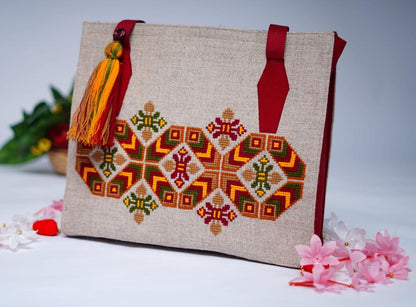 Handcrafted Beige & Red Embroidered Jute Shoulder Bag – Limited Edition