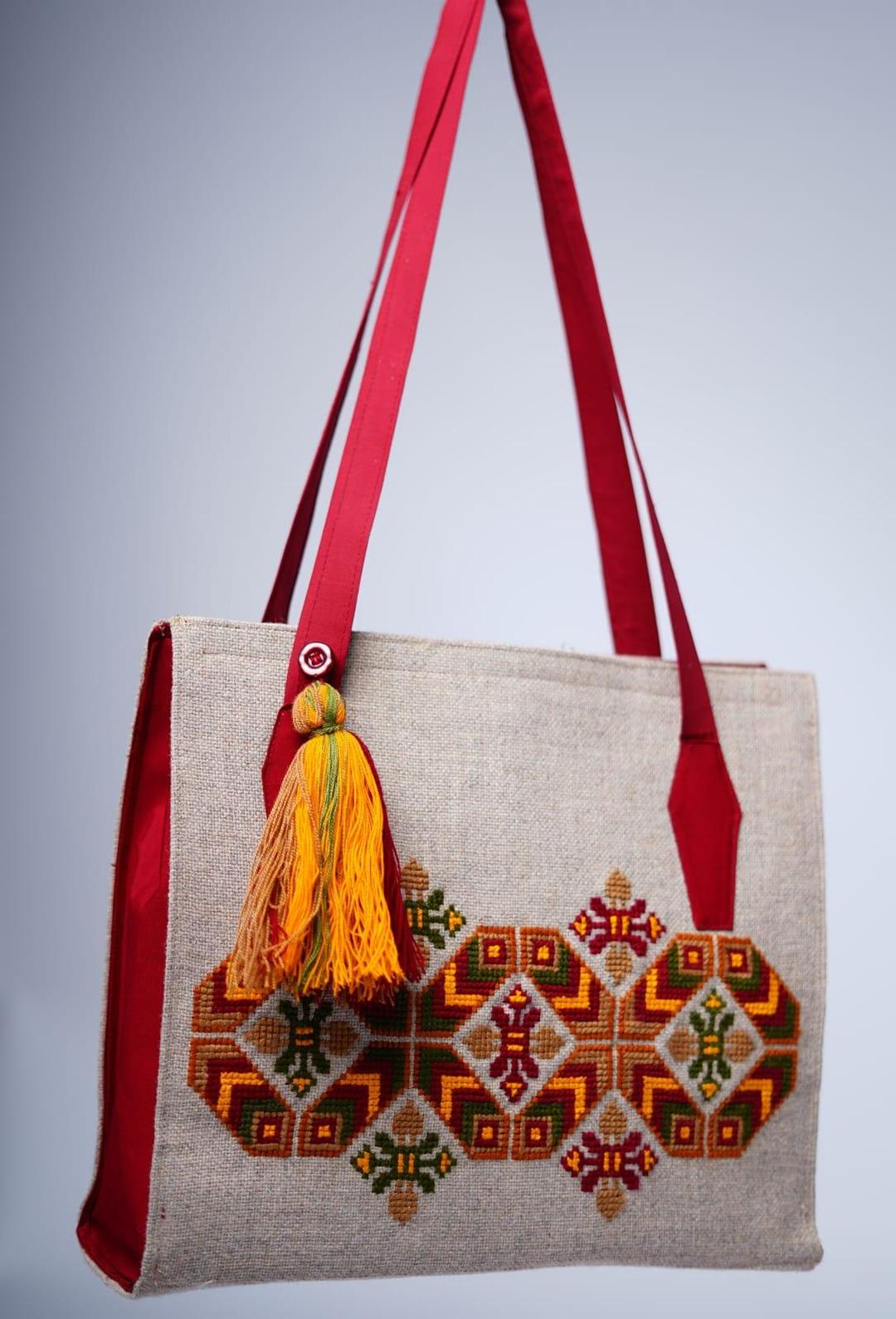 Handcrafted Beige & Red Embroidered Jute Shoulder Bag – Limited Edition