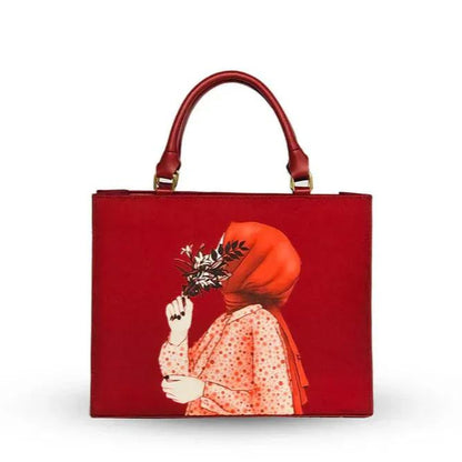 Women's Printed Canvas Tote Bag – Red & Beige