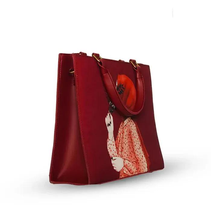 Women's Printed Canvas Tote Bag – Red & Beige