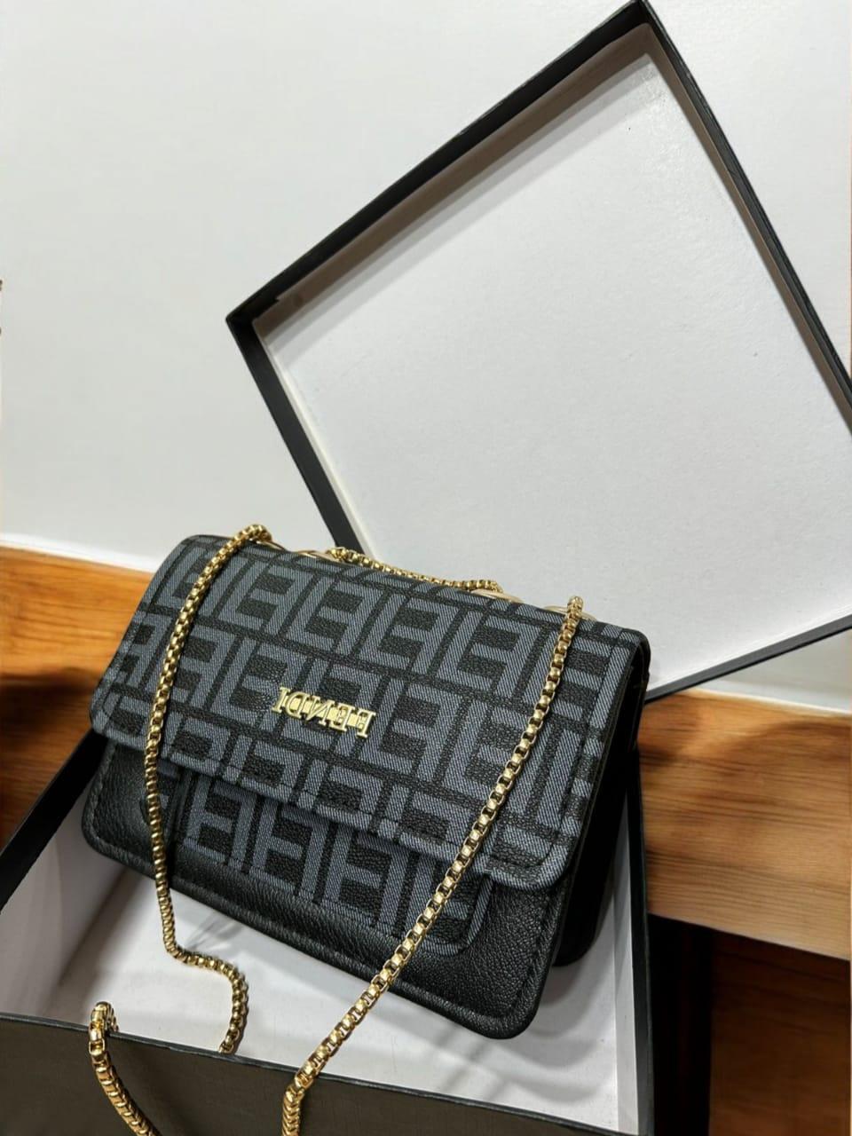 Women’s Printed Leather Crossbody Bag with Chain – Brown & Black